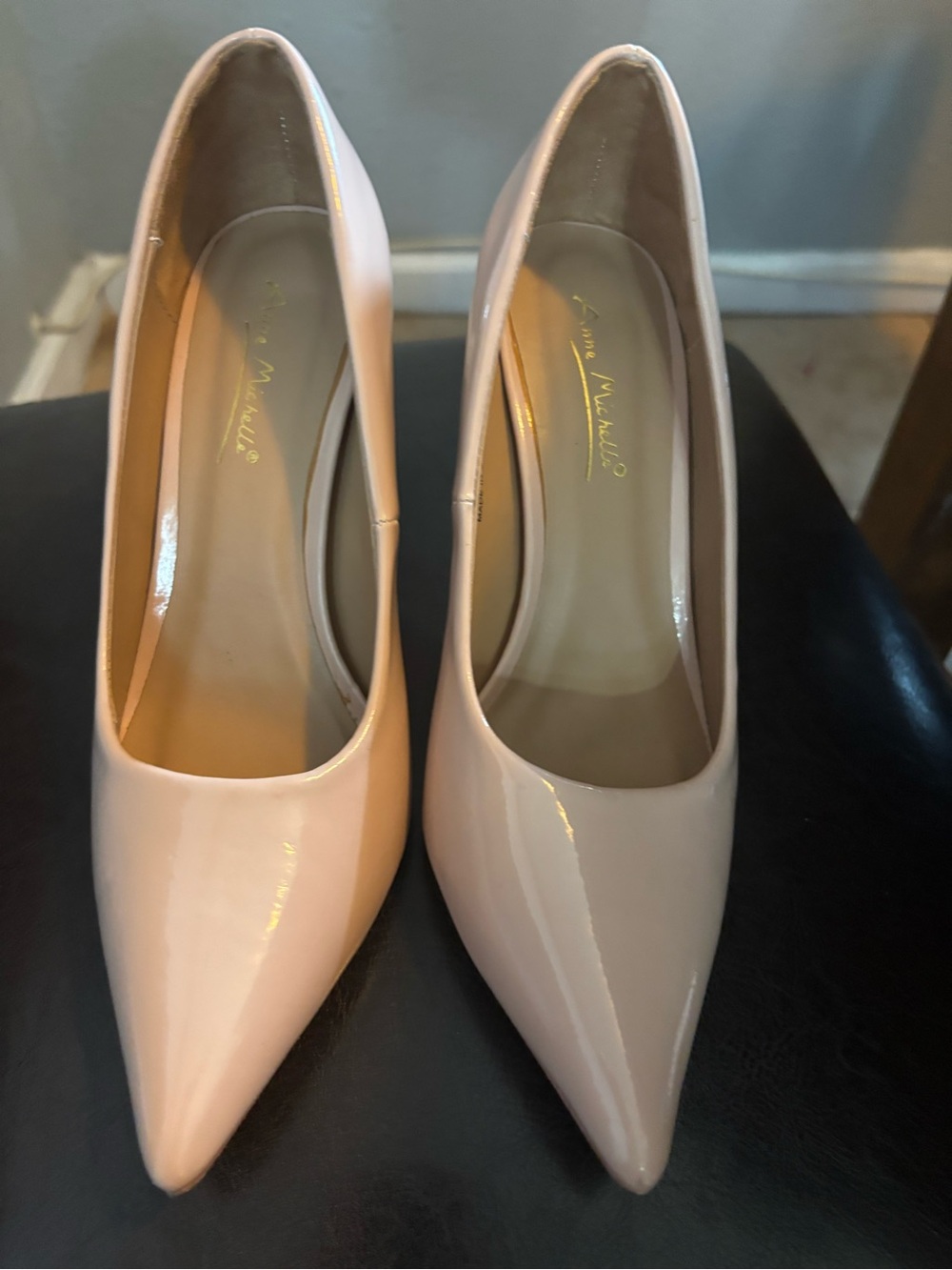 Anne Michelle Nude Patent Pointed-Toe Pumps